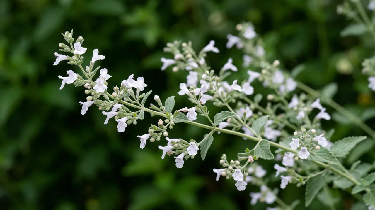 Common Calamint (Clinopodium nepeta subsp. nepeta) - white flowers, illustrated plant card