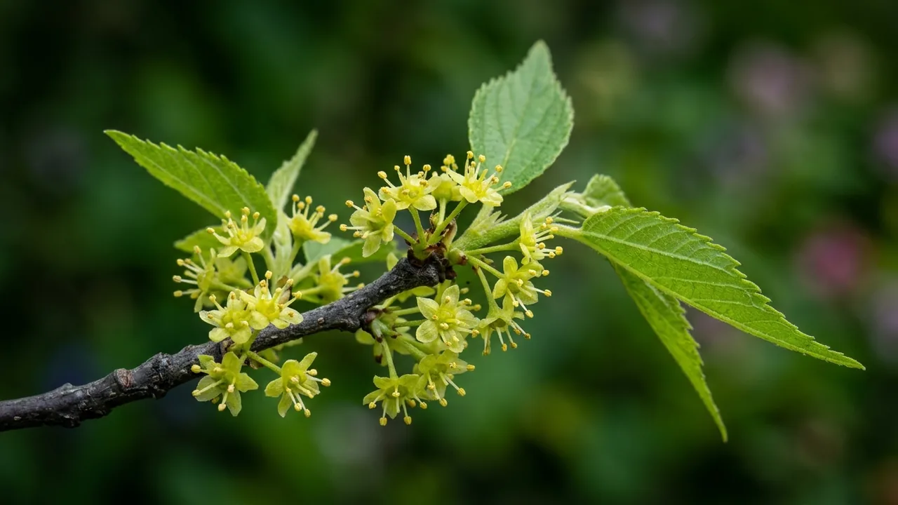Common Hackberry (Celtis occidentalis) - yellow flowers, illustrated plant card