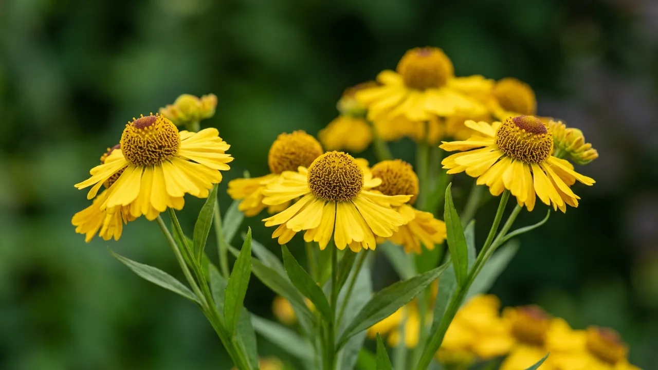 Common Sneezeweed (Helenium autumnale) - yellow flowers, illustrated plant card
