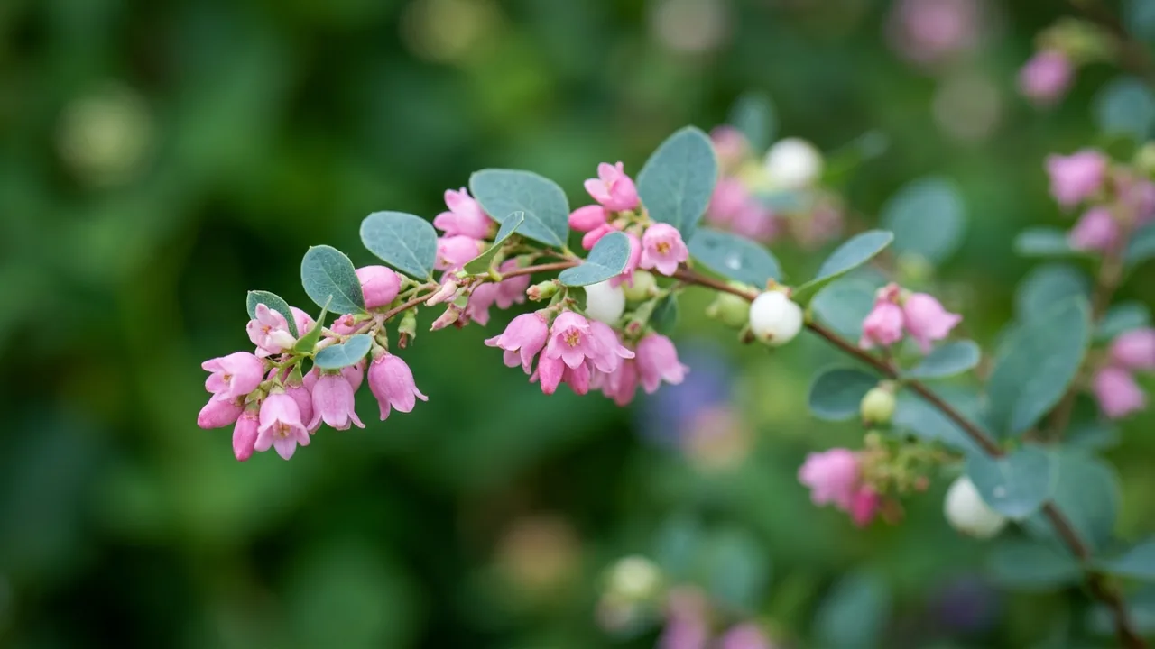 Common Snowberry (Symphoricarpos albus) - pink flowers, illustrated plant card