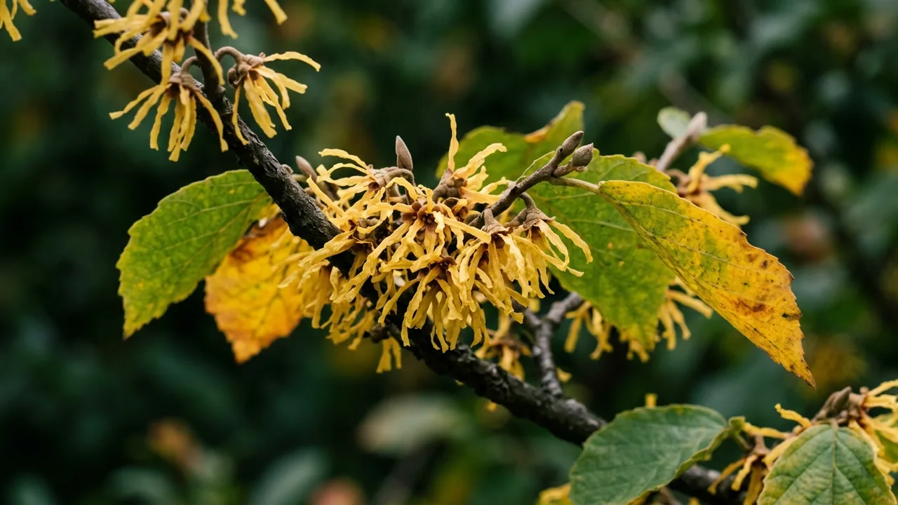 Common Witch Hazel (Hamamelis virginiana) - yellow flowers, illustrated plant card