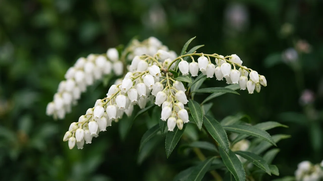 Compact Japanese Pieris (Pieris japonica 'Compacta') - white flowers, illustrated plant card