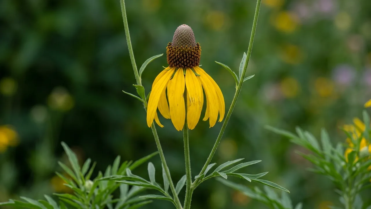 Gray-Headed Coneflower (Ratibida pinnata) - yellow flowers, illustrated plant card