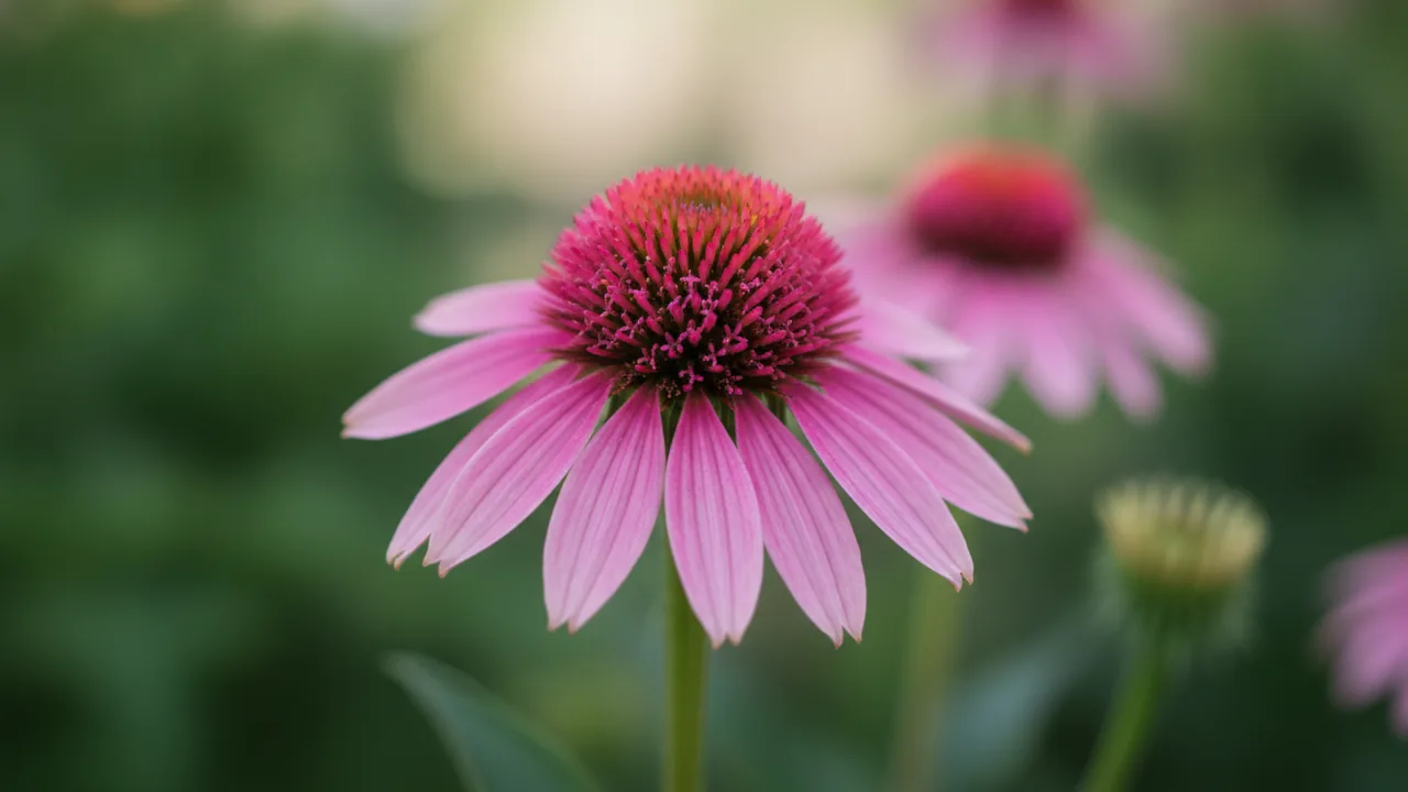 Pink Double Delight (Echinacea 'Pink Double Delight') - pink flowers, illustrated plant card