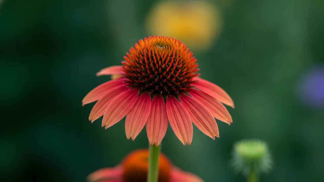 Sombrero Hot Coral (Echinacea 'Sombrero Hot Coral') - orange flowers, illustrated plant card