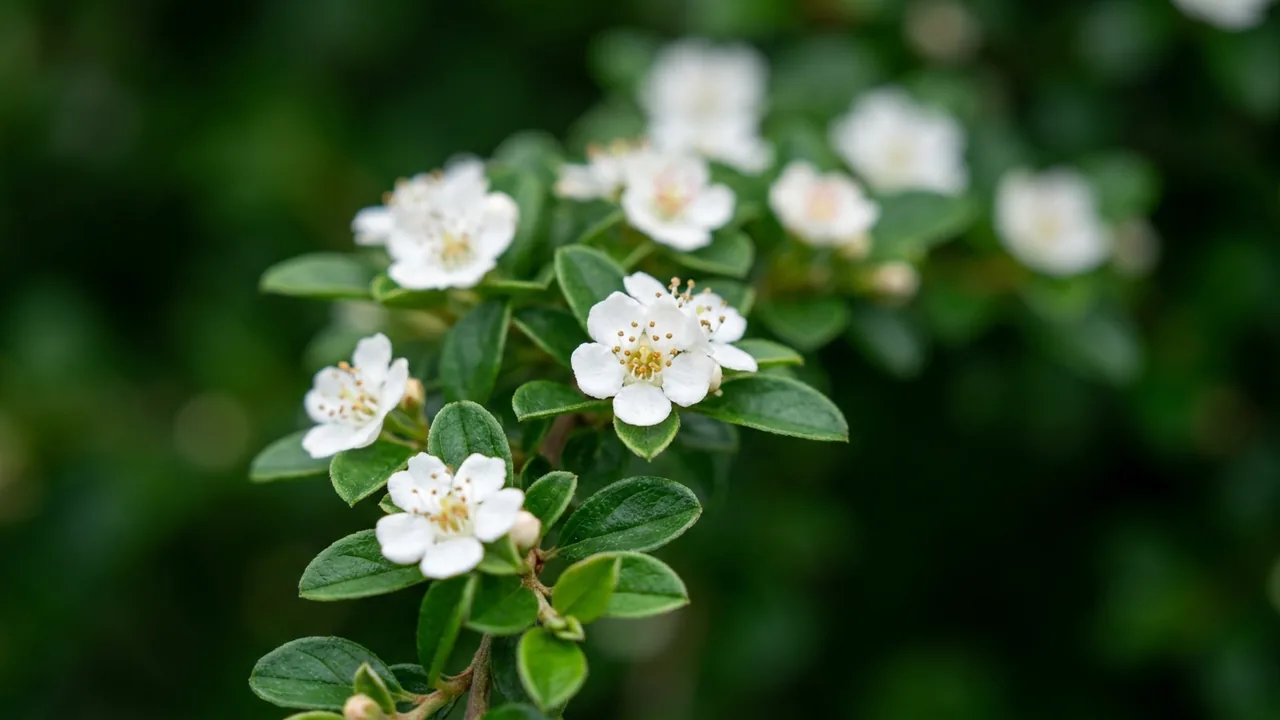 Coral Beauty Cotoneaster (Cotoneaster × suecicus 'Coral Beauty') - white flowers, illustrated plant card