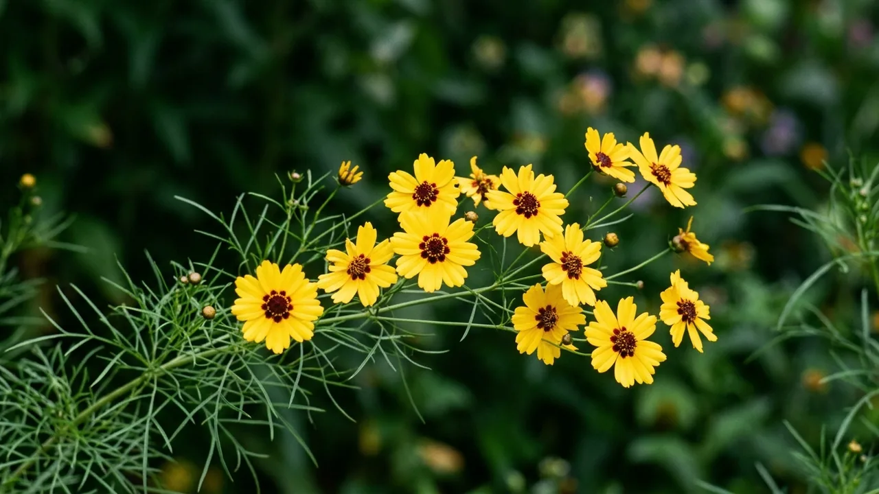 Designer Threads Golden Needles Coreopsis (Coreopsis verticillata 'Golden Needles') - yellow flowers, illustrated plant card
