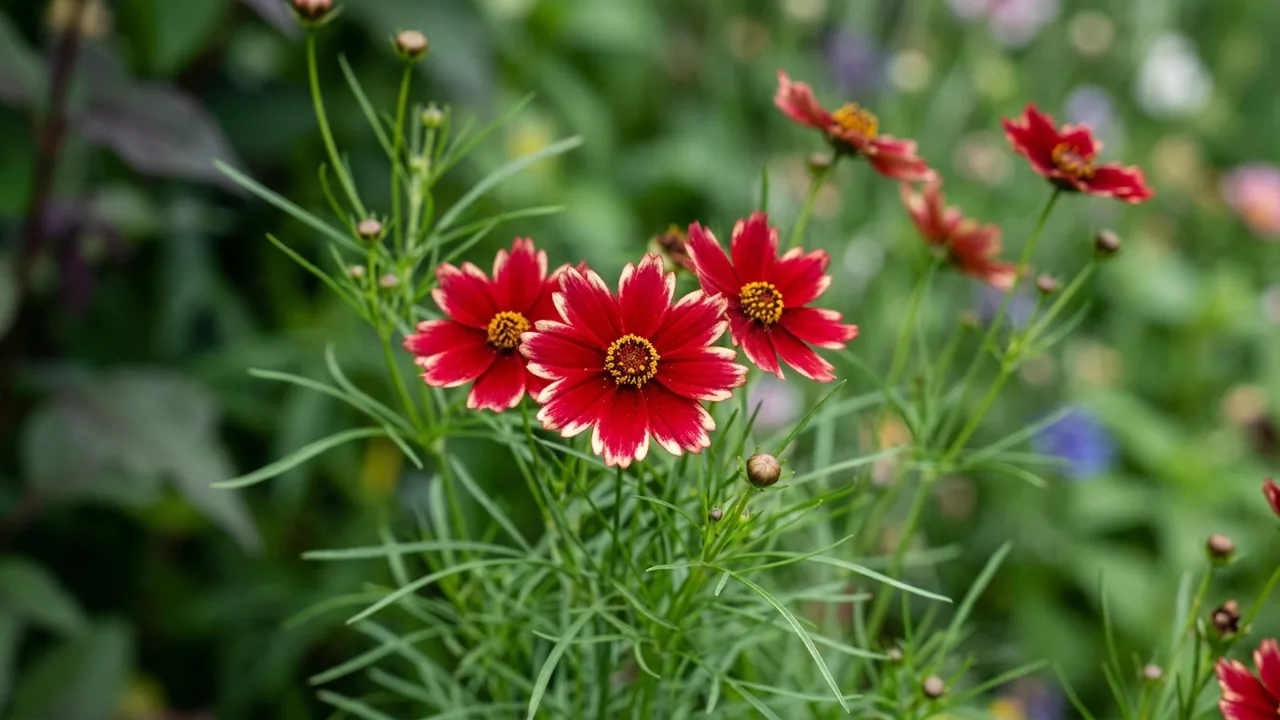 Designer Threads Heartstrings Coreopsis (Coreopsis verticillata 'Heartstrings') - red flowers, illustrated plant card