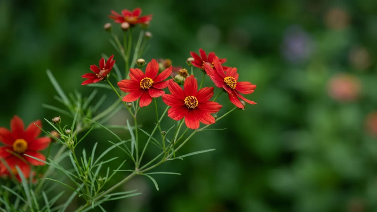 Designer Threads Scarlet Ribbons Coreopsis (Coreopsis verticillata 'Scarlet Ribbons') - red flowers, illustrated plant card