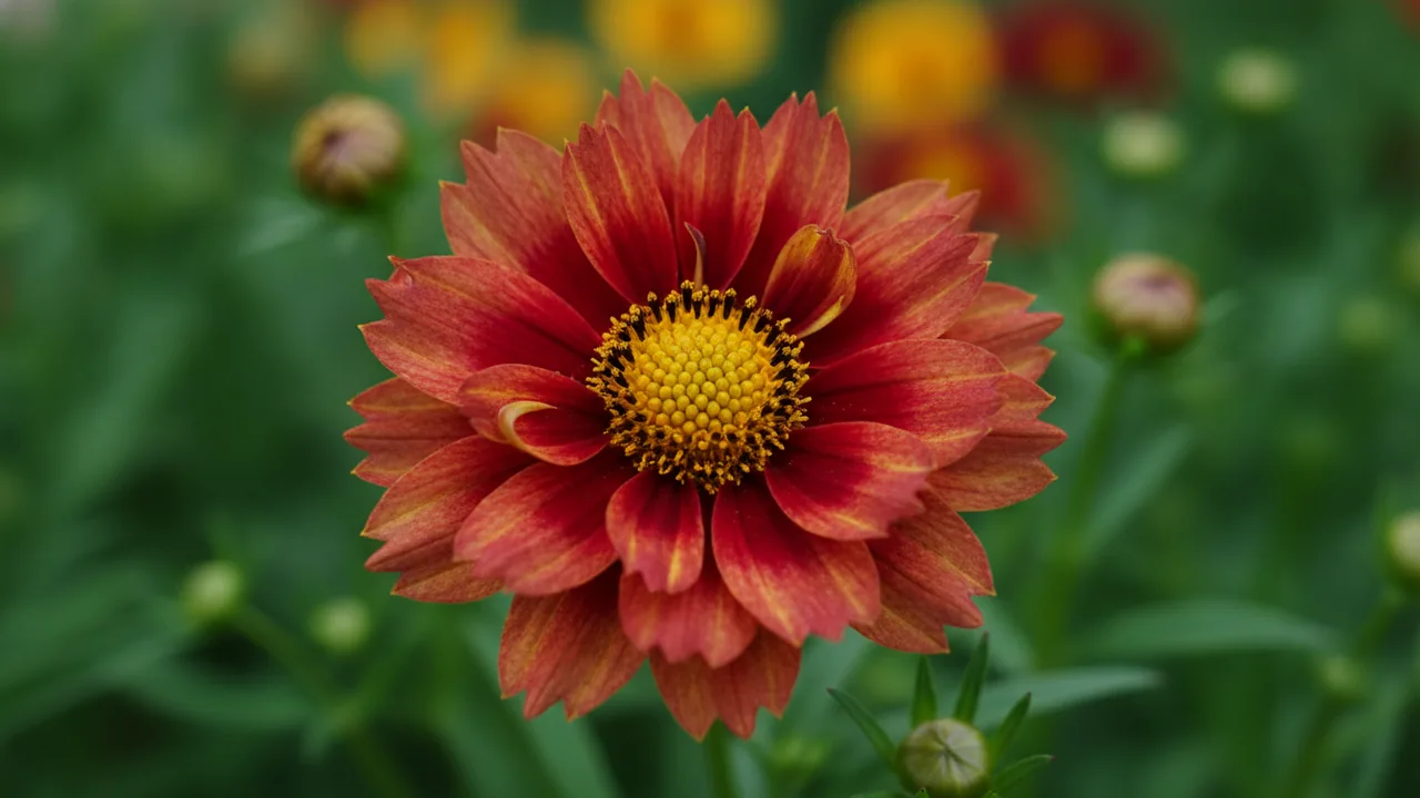 Mercury Rising (Coreopsis 'Mercury Rising') - red flowers, illustrated plant card