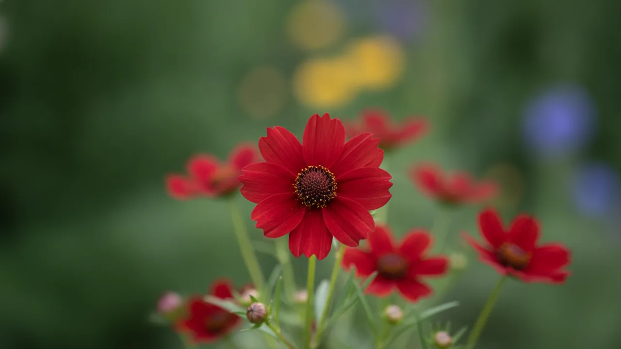 Red Satin (Coreopsis 'Red Satin') - red flowers, illustrated plant card