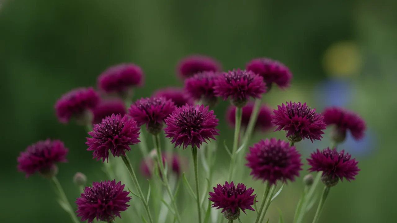 Black Ball (Centaurea cyanus 'Black Ball') - red flowers, illustrated plant card