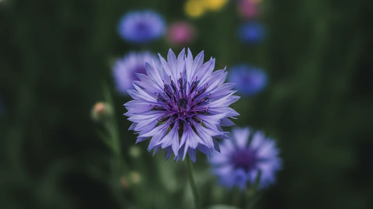 Purple Bachelor's Button (Centaurea cyanus) - purple flowers, illustrated plant card