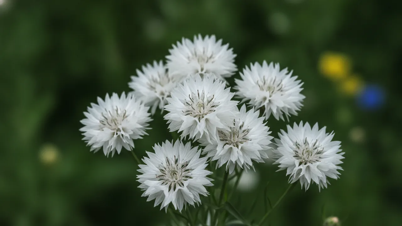 White Bachelor's Button (Centaurea cyanus) - white flowers, illustrated plant card