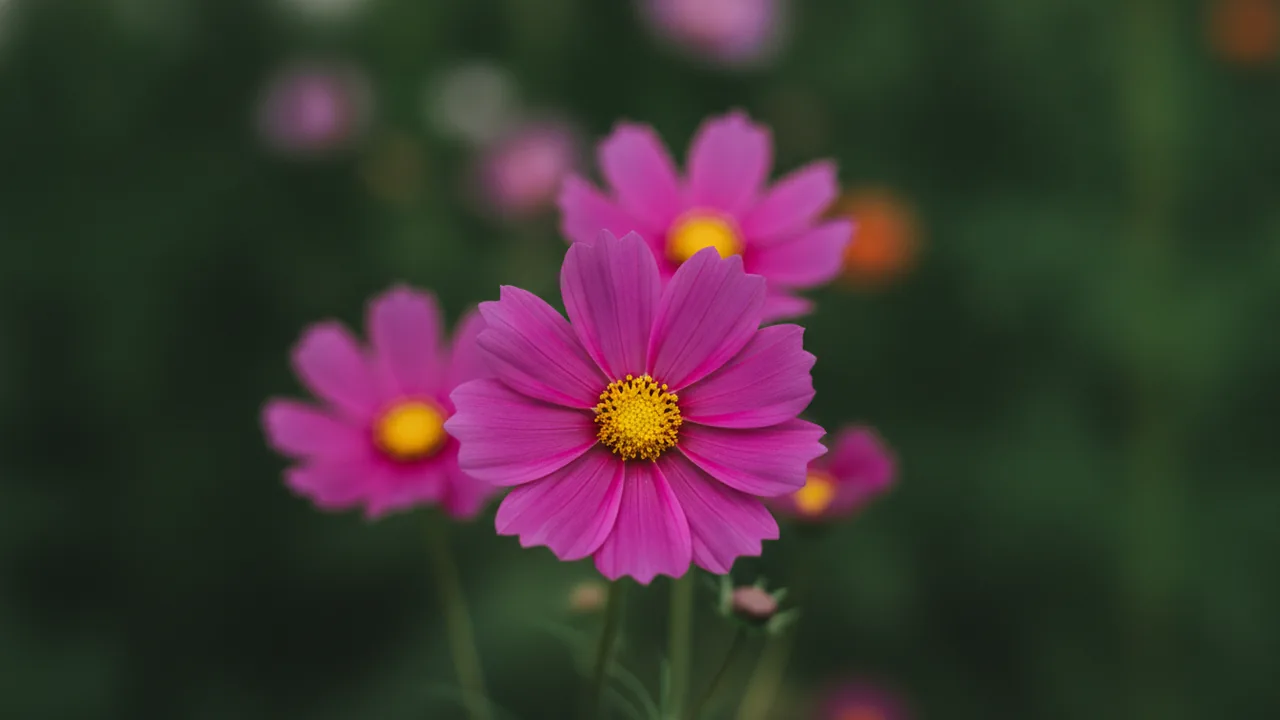 Dazzler (Cosmos bipinnatus 'Dazzler') - red flowers, illustrated plant card