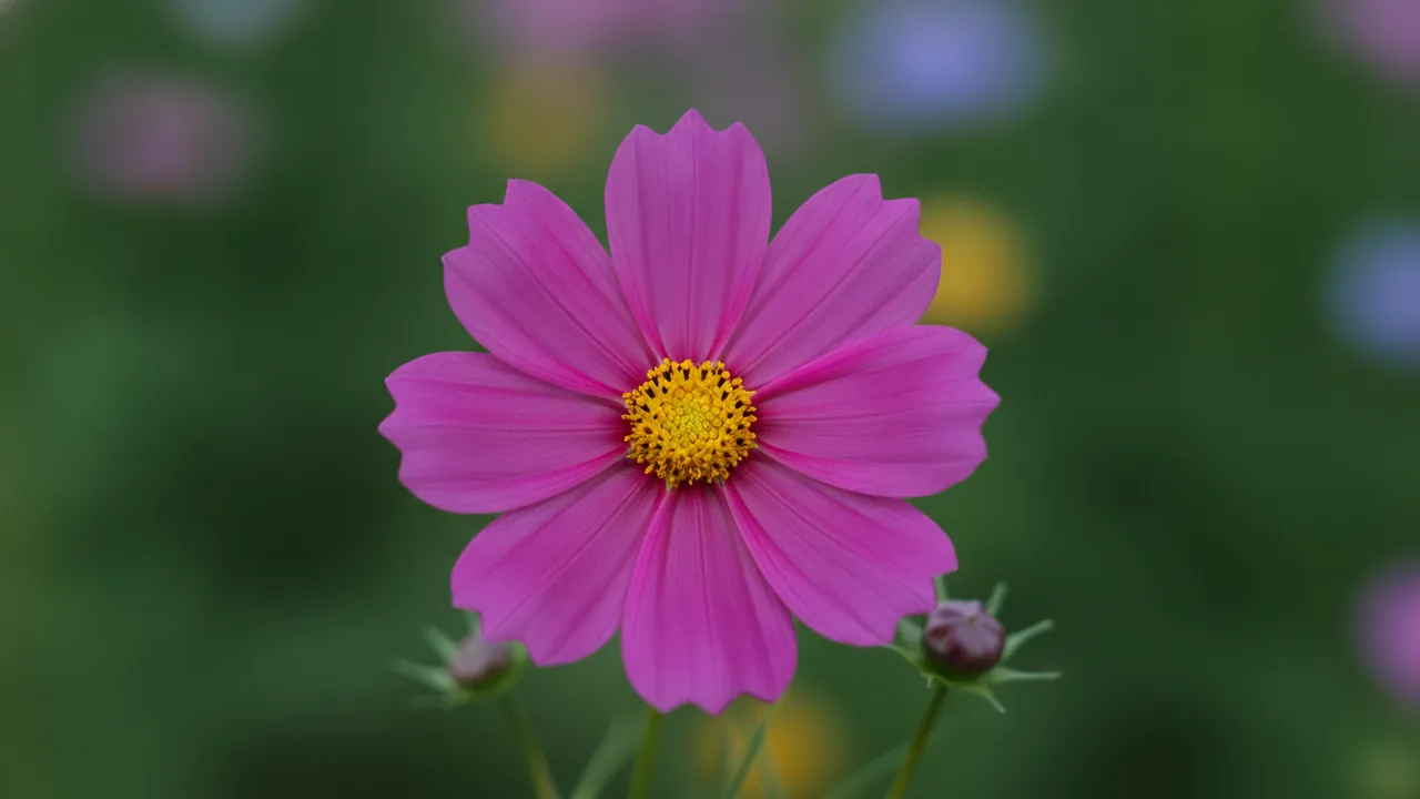 Sensation Pink (Cosmos bipinnatus 'Sensation Pink') - pink flowers, illustrated plant card