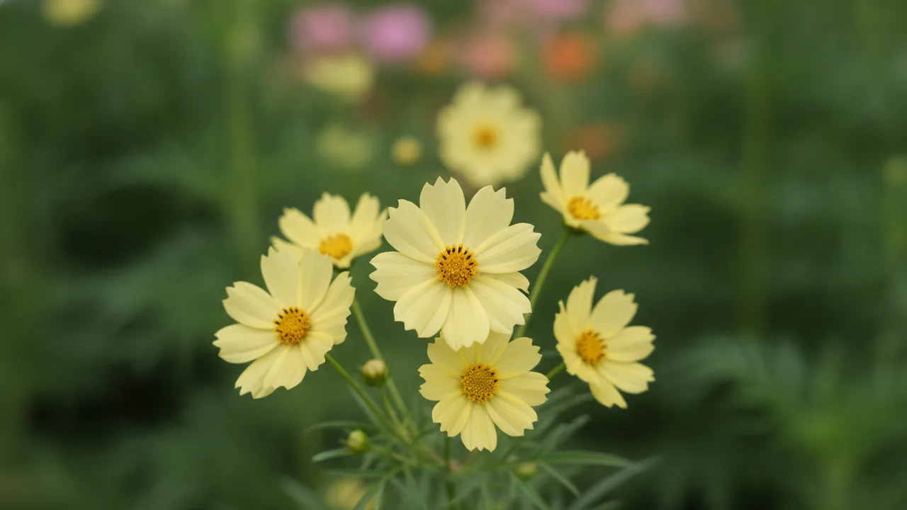 Xanthos (Cosmos bipinnatus 'Xanthos') - yellow flowers, illustrated plant card