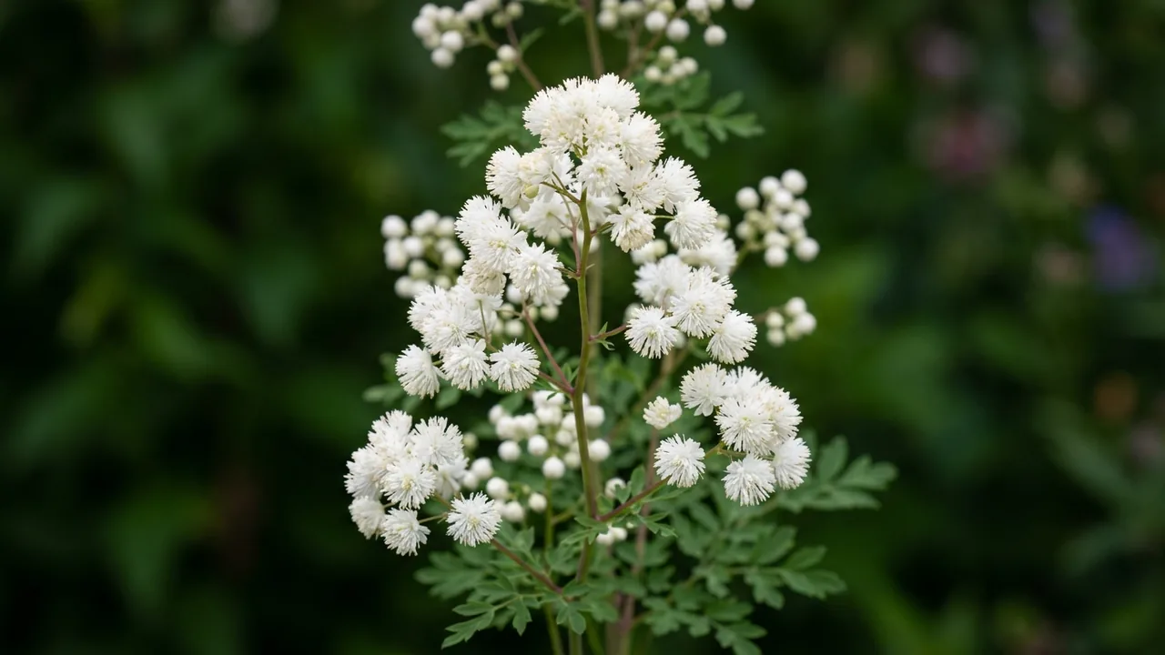 Cotton Ball Meadow Rue (Thalictrum 'Cotton Ball') - white flowers, illustrated plant card