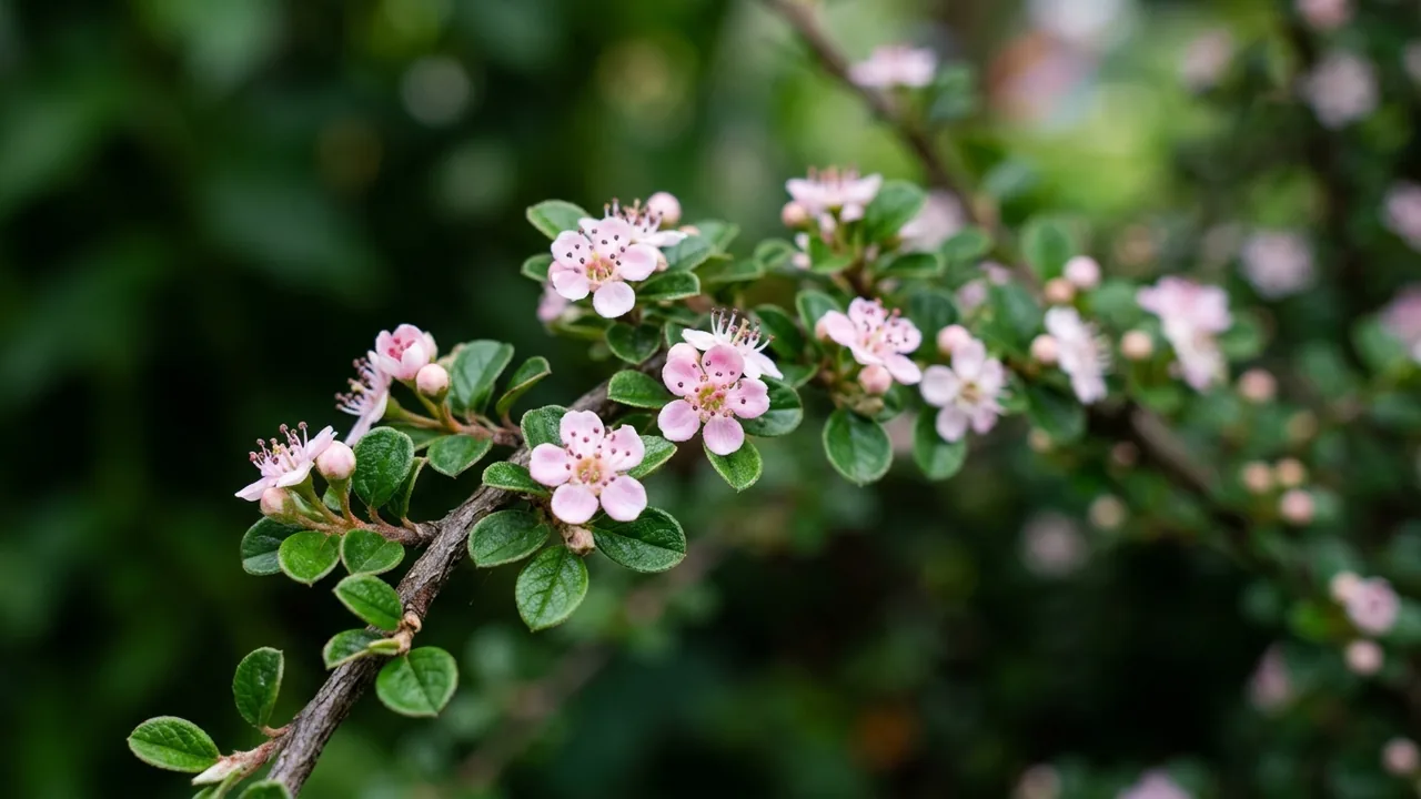 Cranberry Cotoneaster (Cotoneaster apiculatus) - pink flowers, illustrated plant card