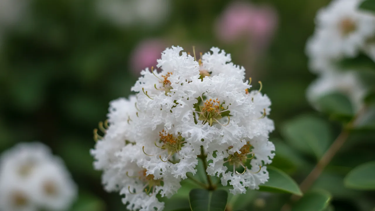 Acoma (Lagerstroemia 'Acoma') - white flowers, illustrated plant card