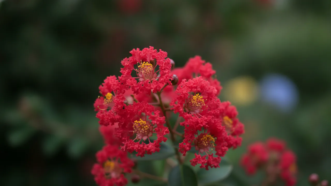 Black Diamond Red Hot (Lagerstroemia 'Black Diamond Red Hot') - red flowers, illustrated plant card