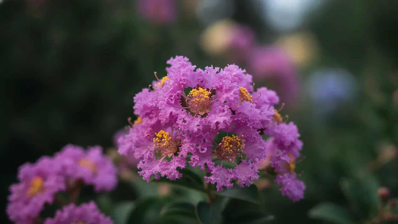 Muskogee (Lagerstroemia 'Muskogee') - pink flowers, illustrated plant card