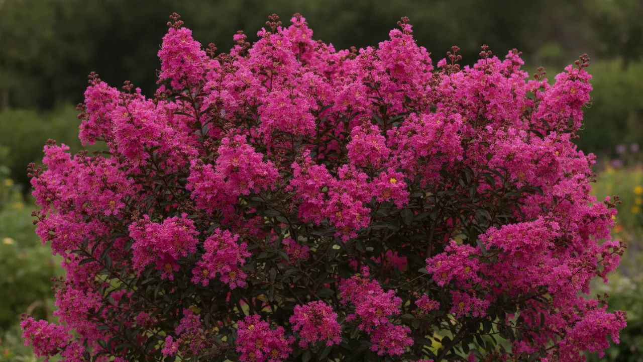 Pink Velour (Lagerstroemia 'Pink Velour') - pink flowers, illustrated plant card