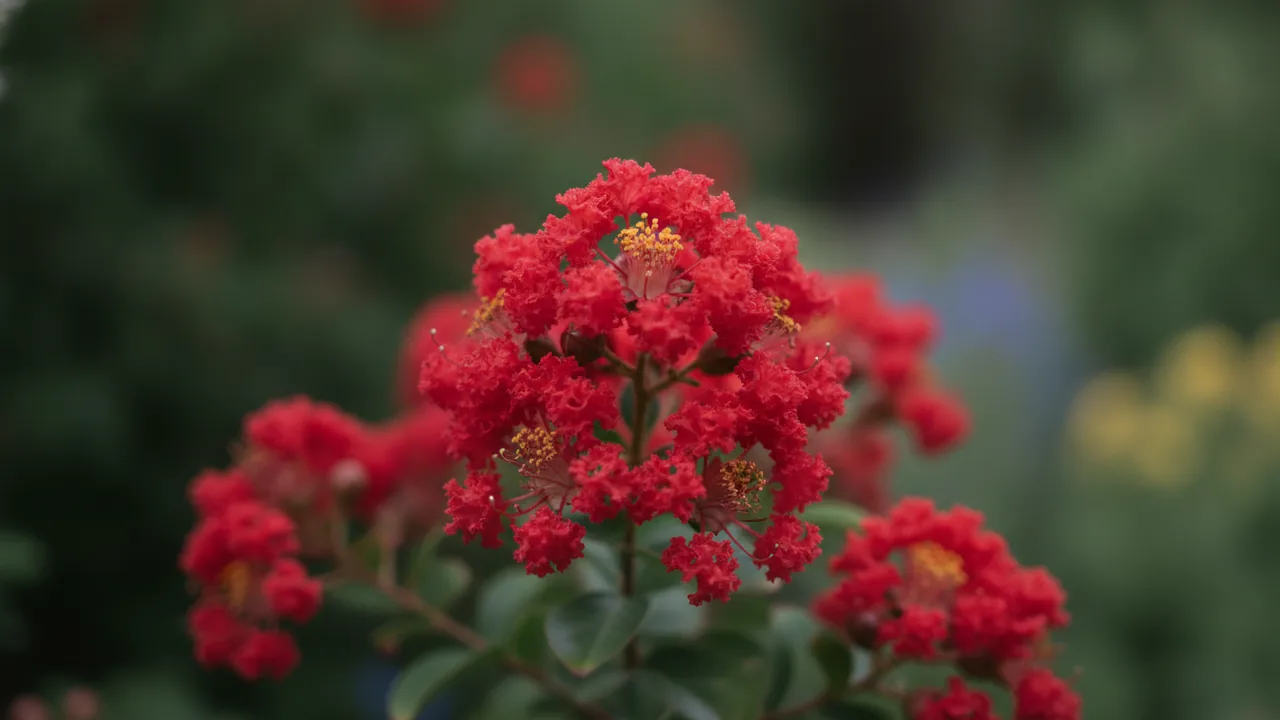 Red Rocket (Lagerstroemia 'Red Rocket') - red flowers, illustrated plant card