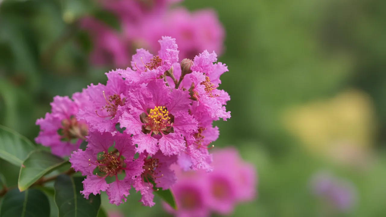 Sioux (Lagerstroemia 'Sioux') - pink flowers, illustrated plant card