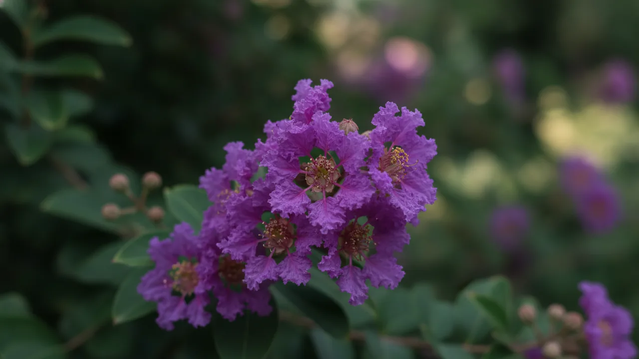 Twilight (Lagerstroemia 'Twilight') - purple flowers, illustrated plant card
