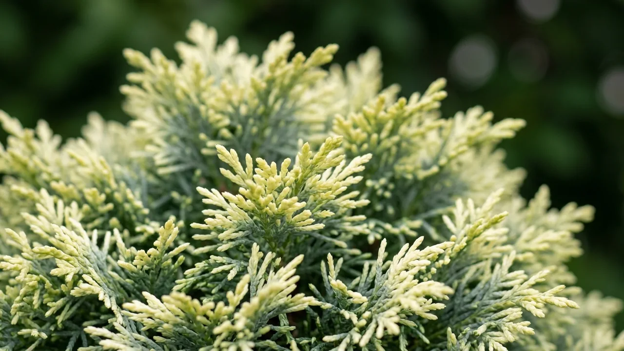 Cream Ball Japanese False Cypress (Chamaecyparis pisifera 'Cream Ball') - foliage plant, illustrated plant card