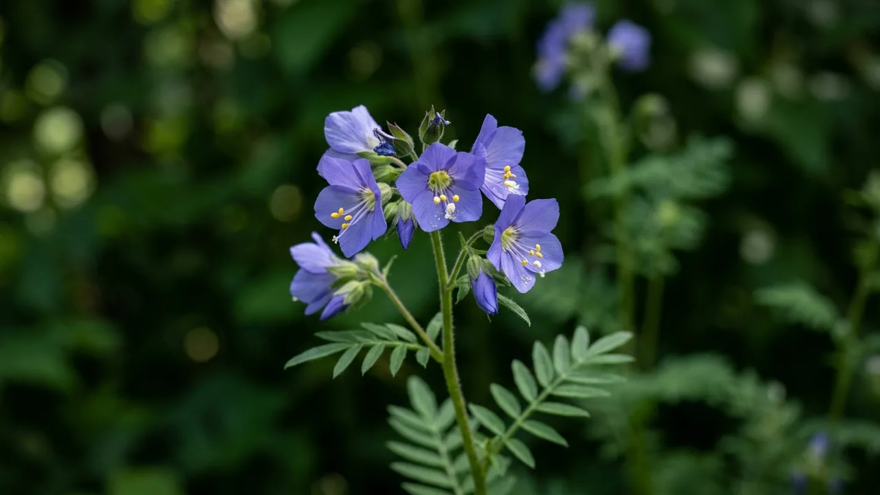 Creeping Jacob's Ladder (Polemonium reptans) - blue flowers, illustrated plant card