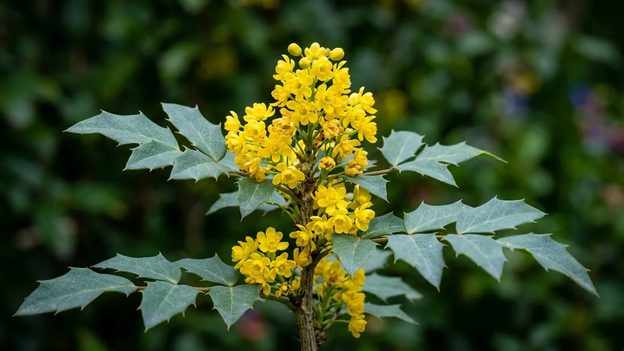 Creeping Oregon Grape (Berberis repens) - yellow flowers, illustrated plant card