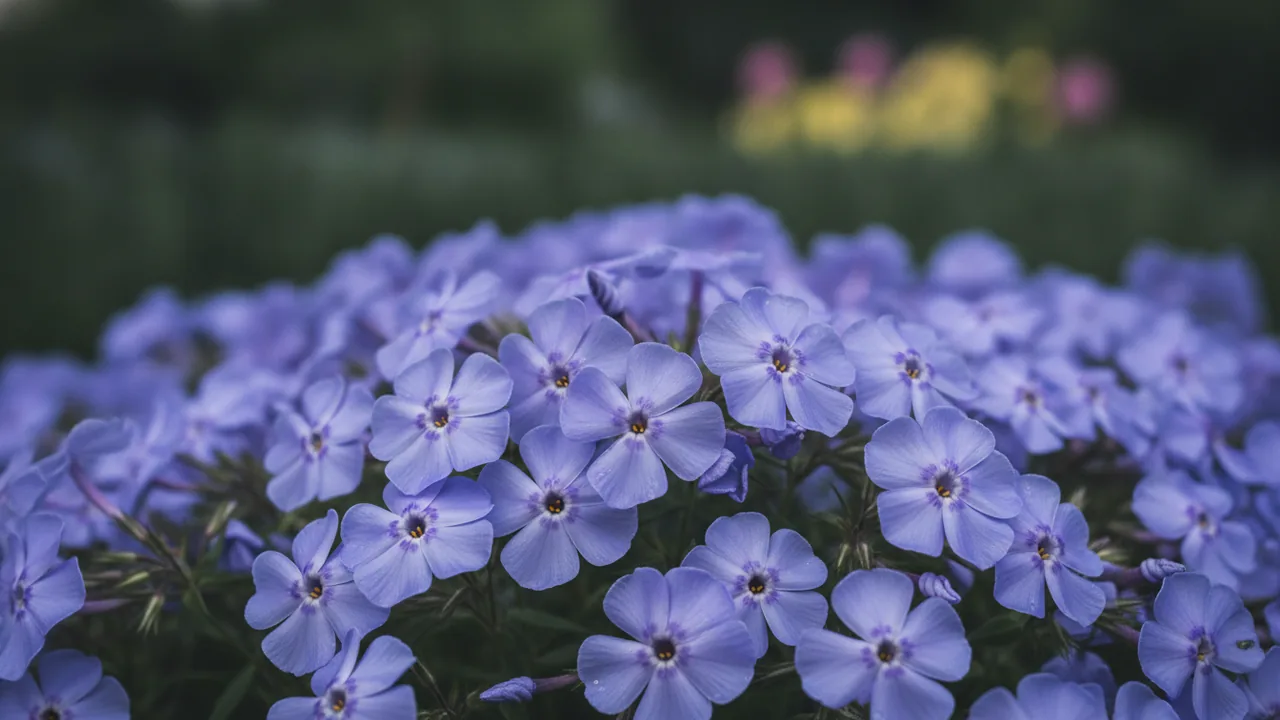Emerald Blue (Phlox subulata 'Emerald Blue') - blue flowers, illustrated plant card