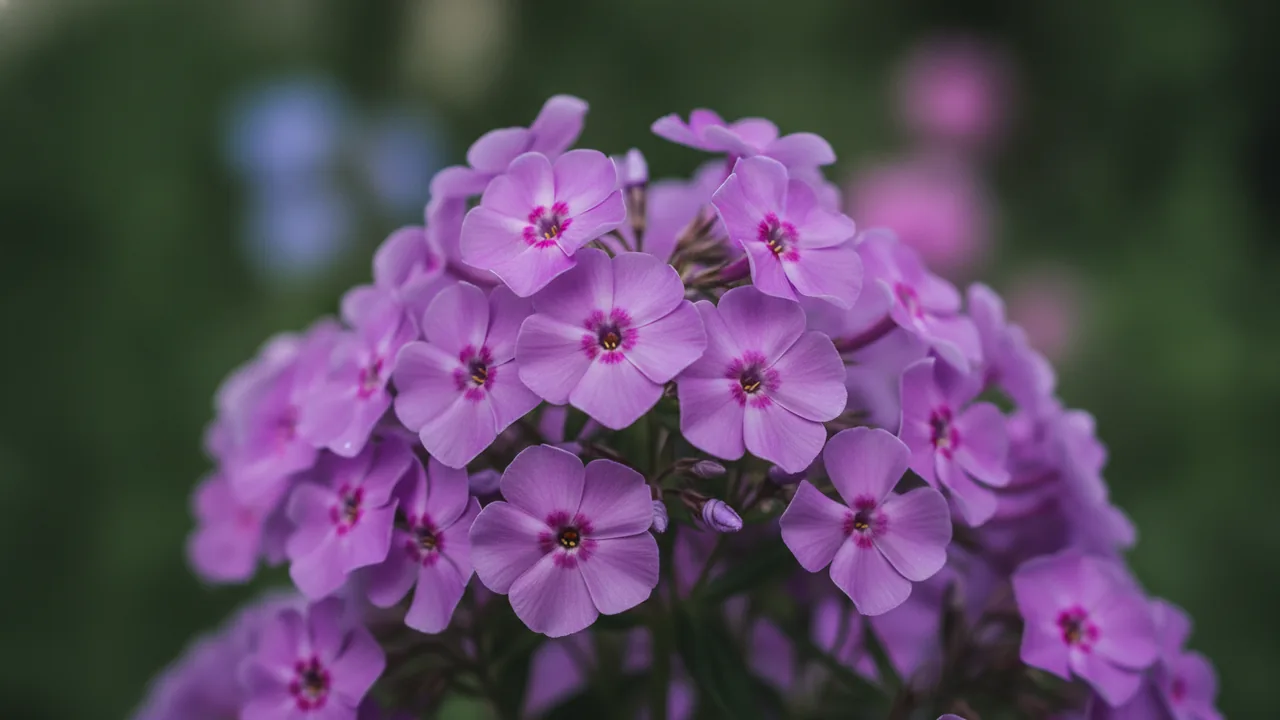 Purple Beauty (Phlox subulata 'Purple Beauty') - purple flowers, illustrated plant card