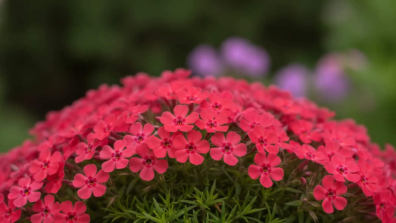 Red Wings (Phlox subulata 'Red Wings') - red flowers, illustrated plant card