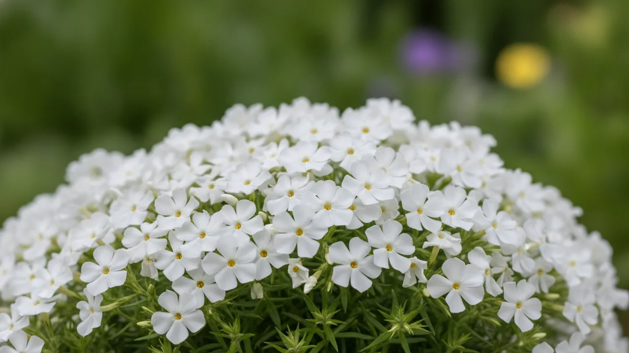 Snowflake (Phlox subulata 'Snowflake') - white flowers, illustrated plant card