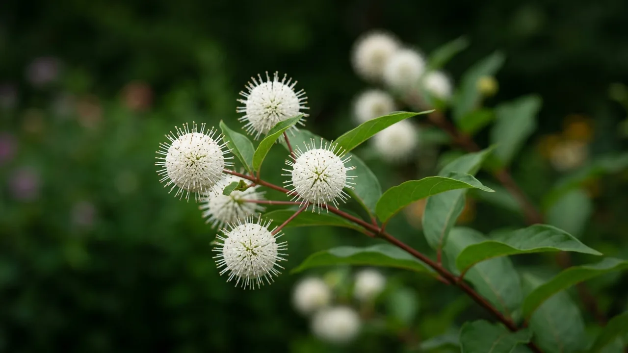 Crimson Comet Buttonbush (Cephalanthus occidentalis 'Smcbm') - white flowers, illustrated plant card