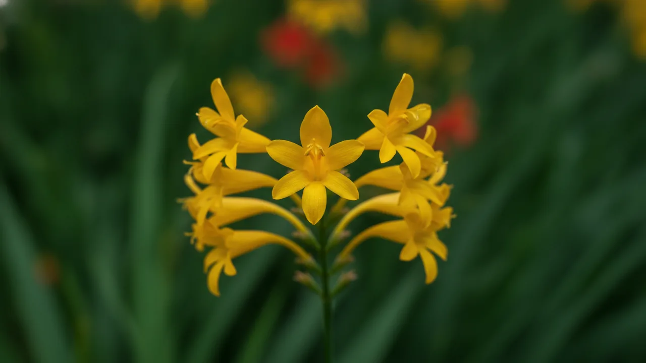 George Davison (Crocosmia 'George Davison') - yellow flowers, illustrated plant card