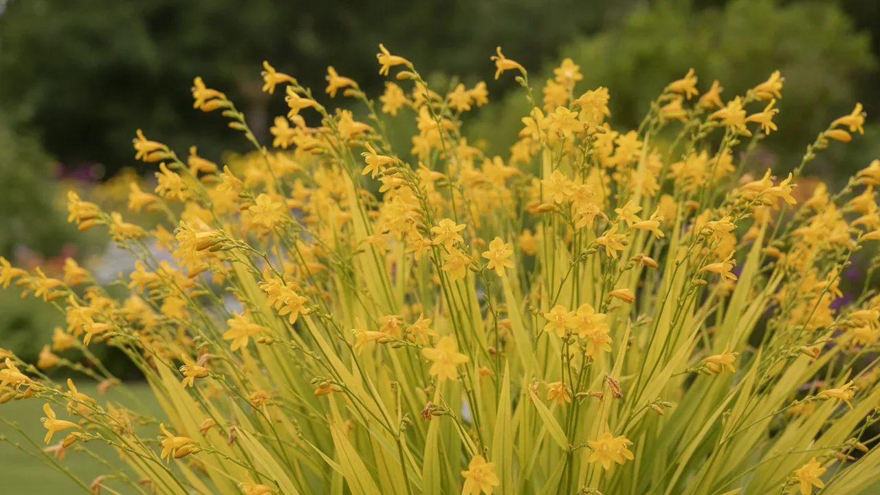 Solfatare (Crocosmia × crocosmiiflora 'Solfatare') - yellow flowers, illustrated plant card