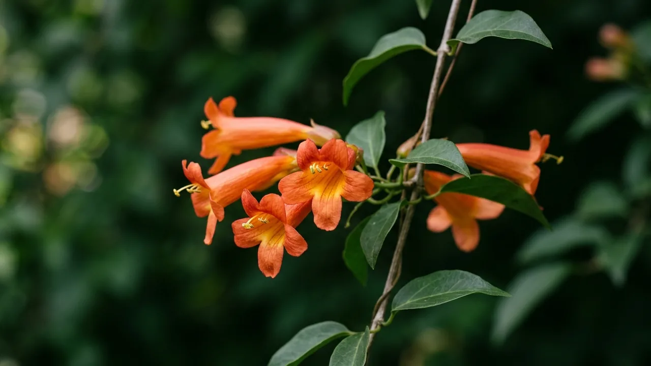 Crossvine (Bignonia capreolata) - orange flowers, illustrated plant card