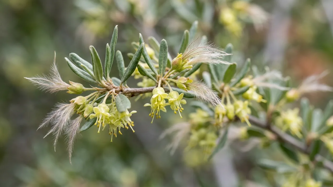 Curl-Leaf Mountain Mahogany (Cercocarpus ledifolius) - yellow flowers, illustrated plant card