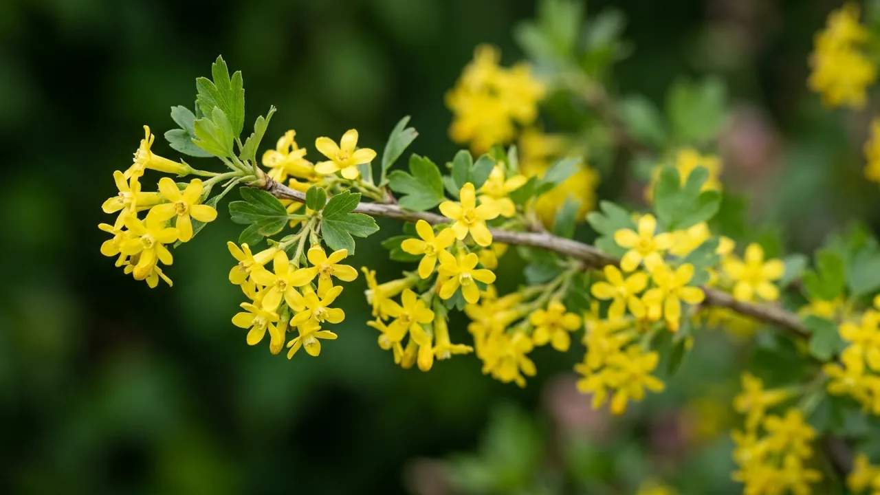Golden Currant (Ribes aureum) - yellow flowers, illustrated plant card