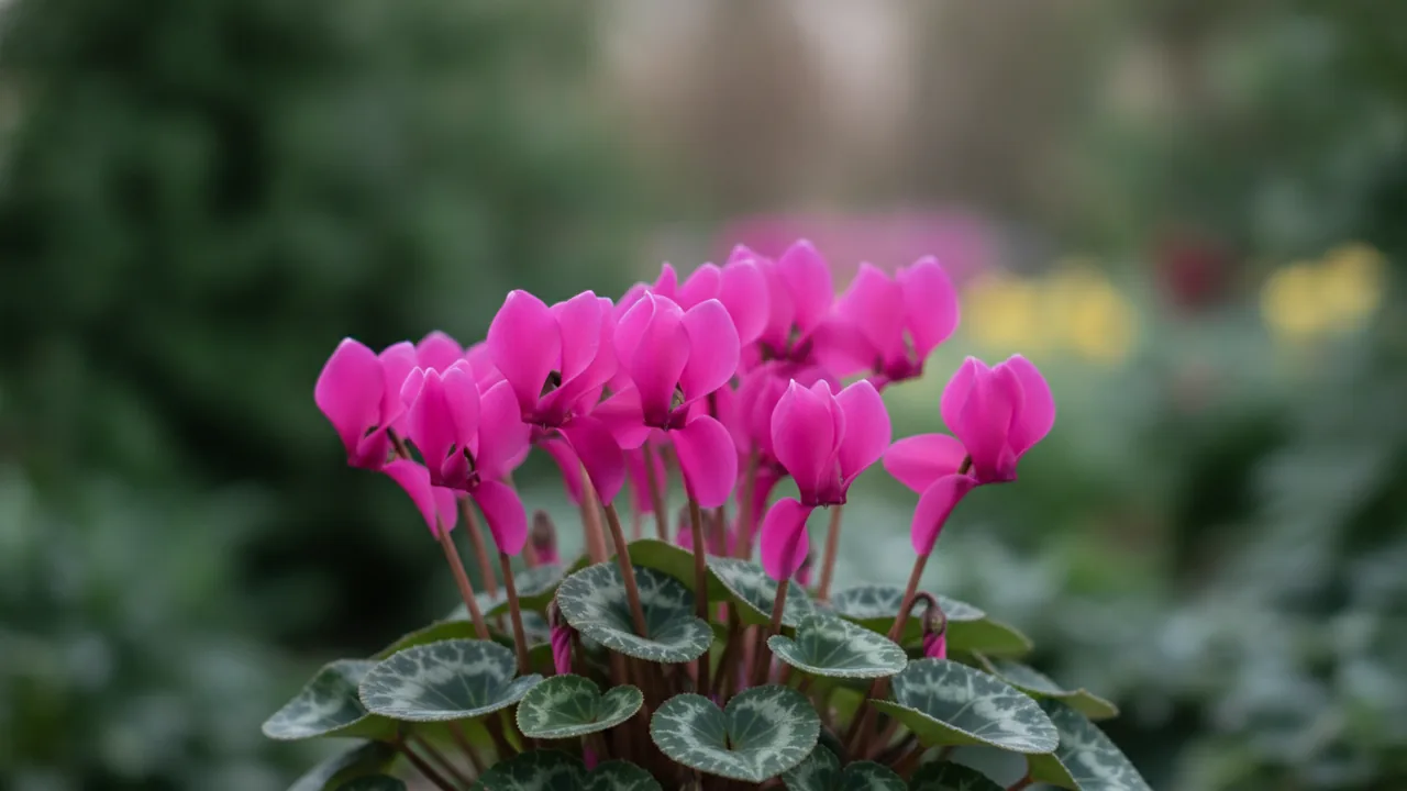 Cyclamen - pink flowers, illustrated plant card