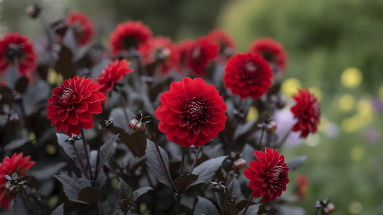 Bishop of Llandaff (Dahlia 'Bishop of Llandaff') - red flowers, illustrated plant card