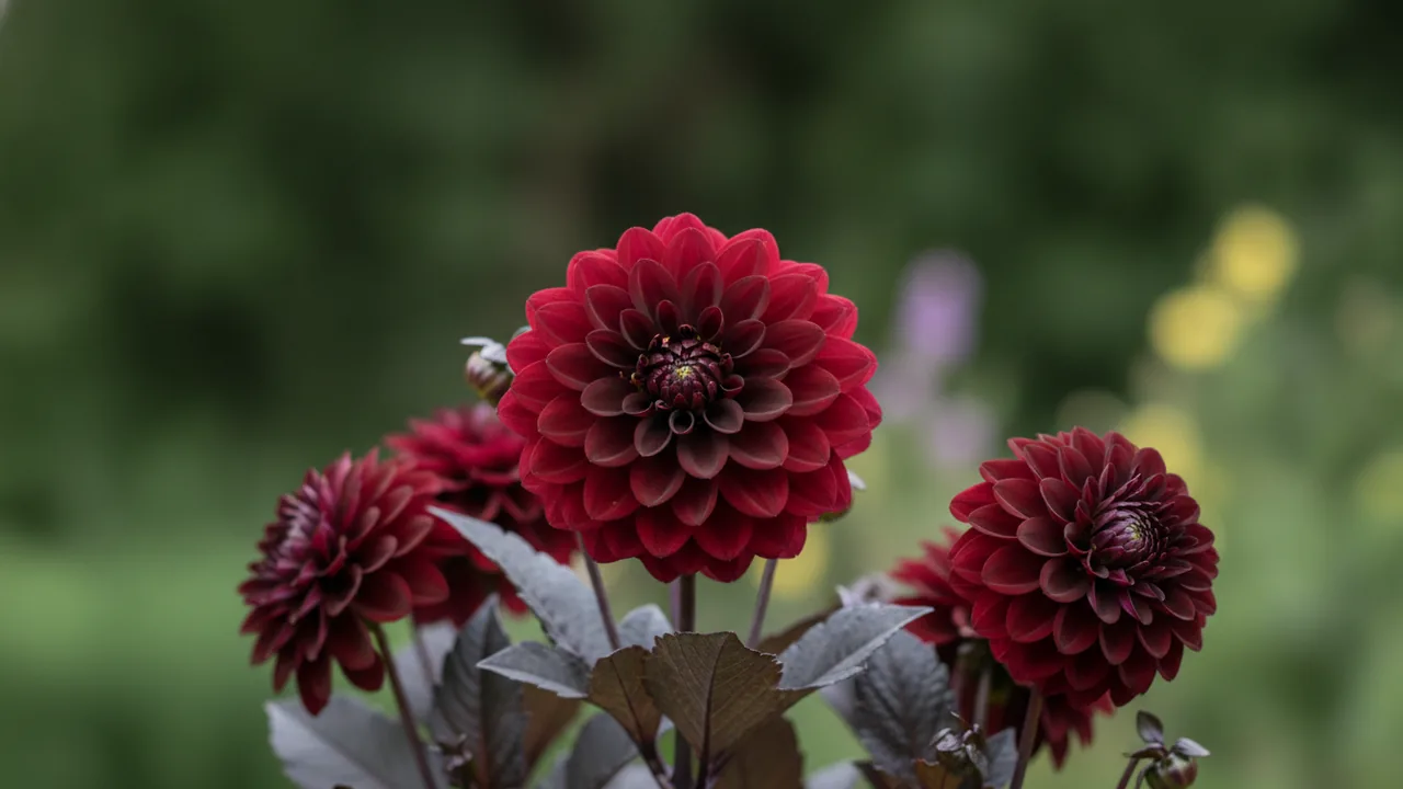 Bishop's Children (Dahlia 'Bishop's Children') - red flowers, illustrated plant card