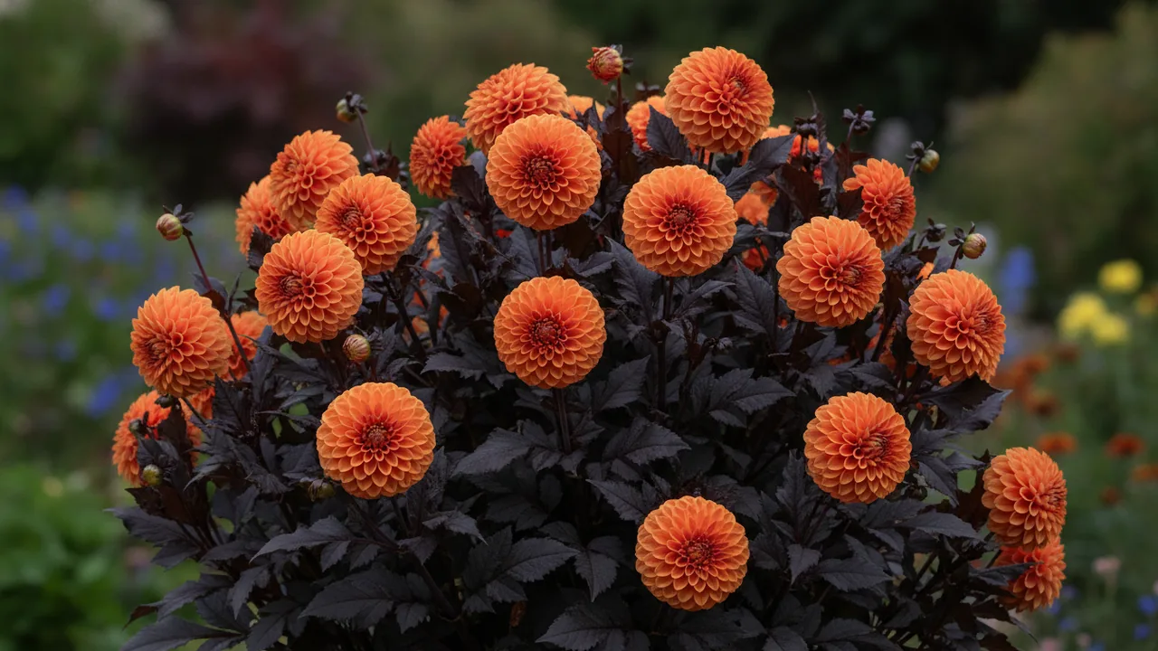 David Howard (Dahlia 'David Howard') - orange flowers, illustrated plant card