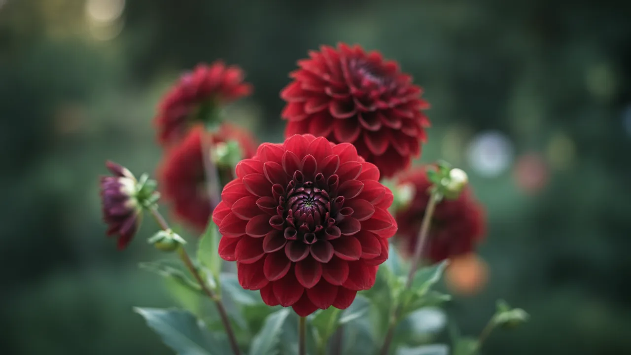 Karma Choc (Dahlia 'Karma Choc') - red flowers, illustrated plant card