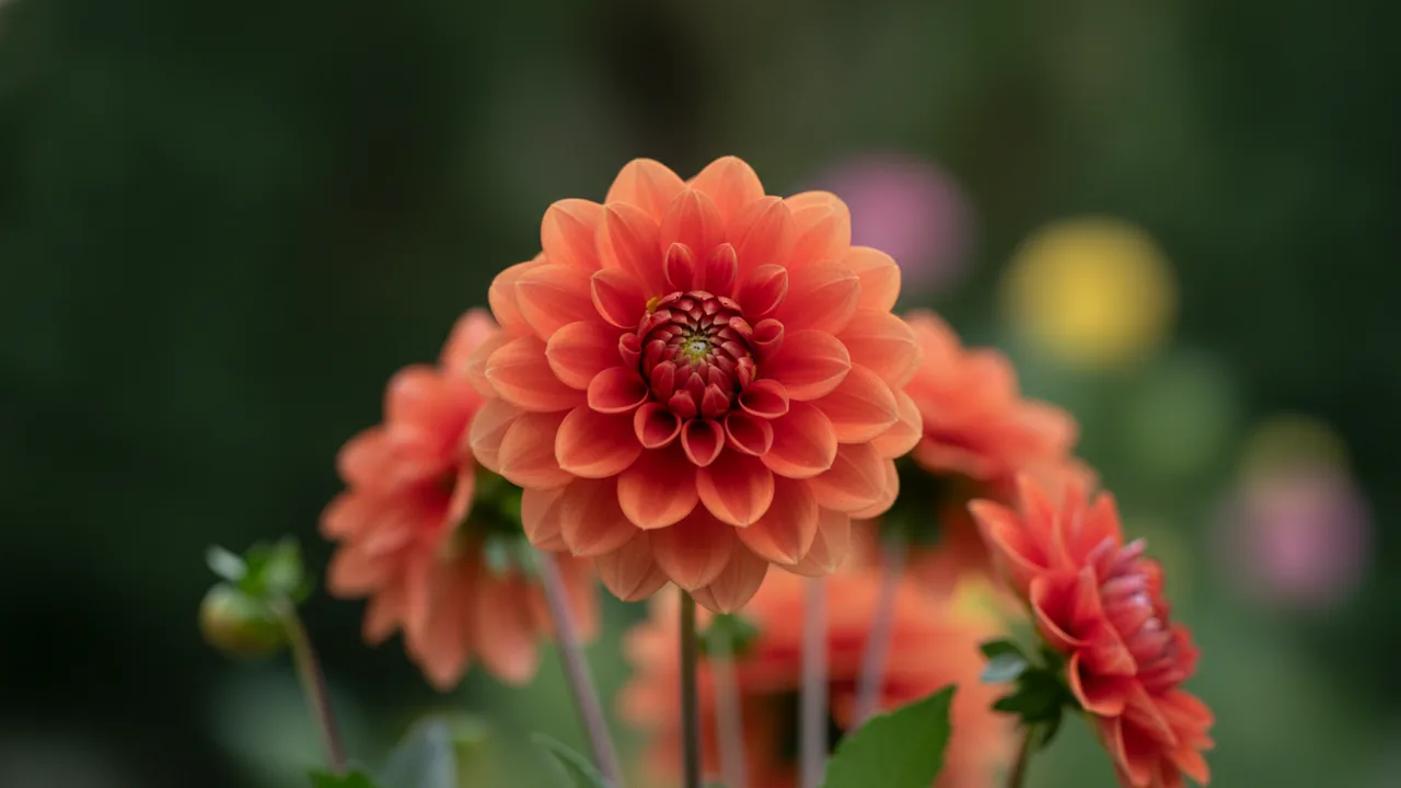 Sylvia (Dahlia 'Sylvia') - orange flowers, illustrated plant card