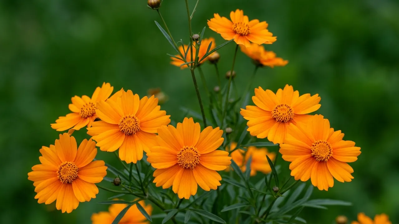 Darling Clementine Tickseed (Coreopsis 'Darling Clementine') - orange flowers, illustrated plant card